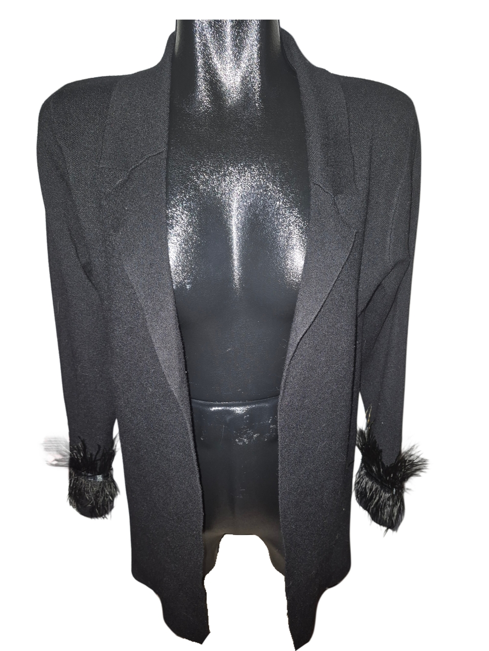 Sioni Women's Black Open-Front Feather Cuff Knit Cardigan Sweater Size M